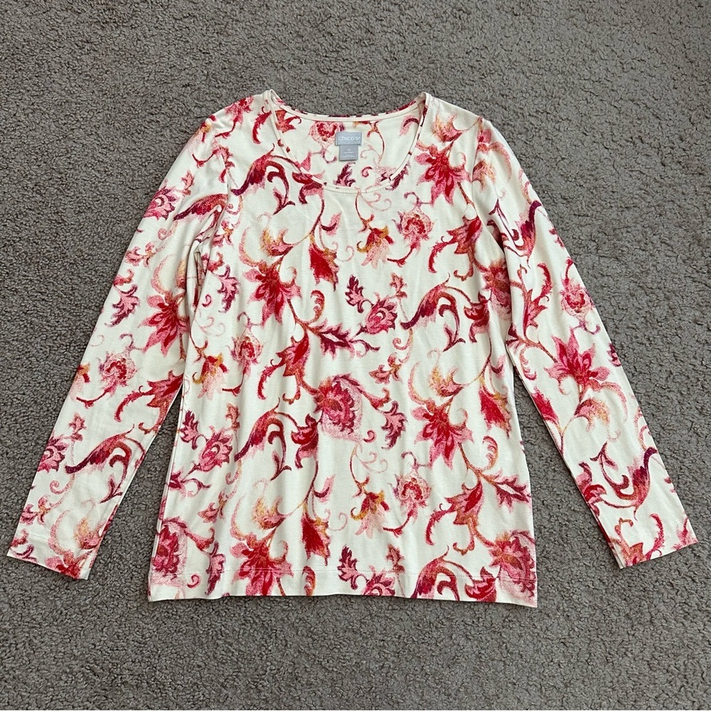 Chico’s Touch of Cool Floral Scoop Neck Knit Long Sleeve Shirt Womens 0 (S)